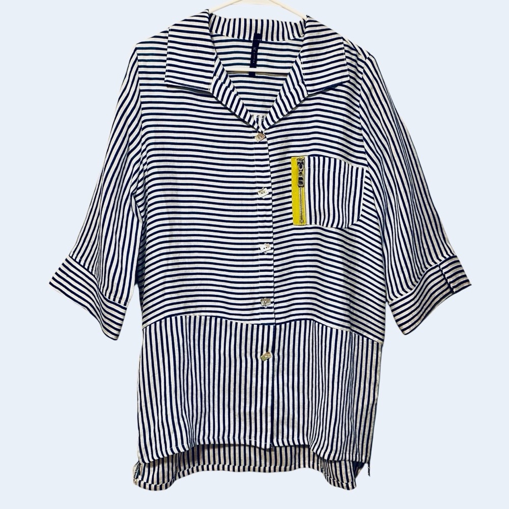 IC by Connie K Stripe Tunic Blouse Coastal Lagenlook Artsy Resort Cruise Travel